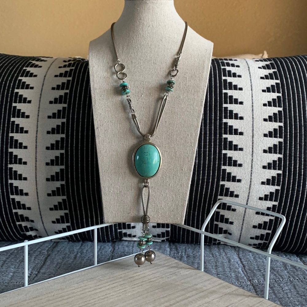 Long turquoise and silver necklace